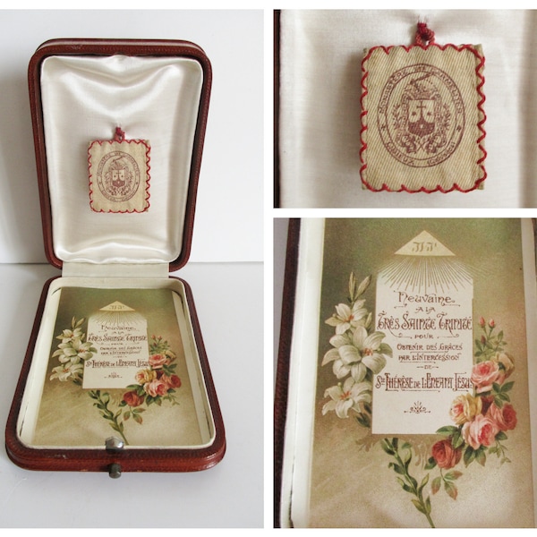 Antique french religious box, reliquary St Teresa, 1920s Vintage Ste Therese relique souvenir, Objet dévotion Boite ecrin bijoux France
