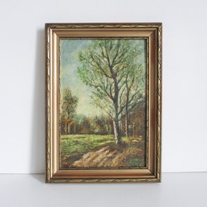 Vintage French oil painting on panel with Frame 1920s, Lanscape Trees, Tableau peinture paysage ancien France