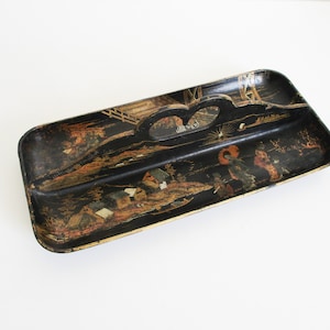 Antique French paper mache trinket bowl, Pen holder Pot Napoleon III 1800s, Vintage box Lacquered boiled cardboard, France, carton bouilli