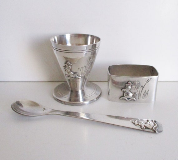 Vintage french silver-plated spoon, egg cup, napk… - image 1