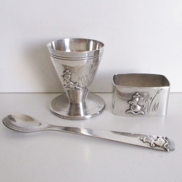 Vintage french silver-plated spoon, egg cup, napkin ring, birth set, 1950s, Duck decor, Mid century, Gift set France