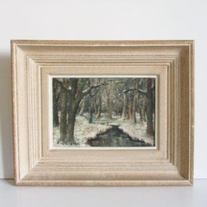Vintage oil painting on panel with Frame 1950s, Lanscape Trees Winter, Tableau peinture paysage neige hiver ancien