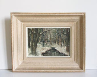 Vintage obraz olejny na panelu z ramą 1950, krajobraz drzew zima, Tableau peinture paysage neige hiver ancien