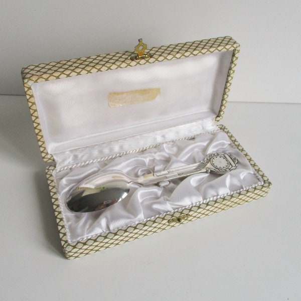 Vintage french silver-plated spoon birth set, 1950s, Mid century, Gift set Coffret cuillère à graver France