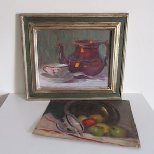 2 Pintura francesa vintage antiga da década de 1930 sobre papel assinada, Natureza morta Frutas Aquarela Guache Natureza morte França