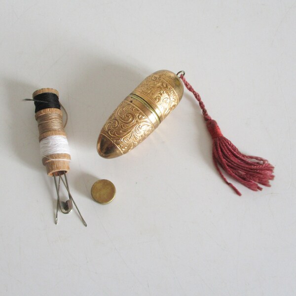 Antique French sewing kit 1900s, Vintage Victorian Thimble Bullet Travel kit, Cousette Thread France