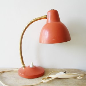Vintage french desk lamp, Orange metal, Mid century 1950s, Retro home decor, Office, Industrial lighting, France Lampe bureau chevet