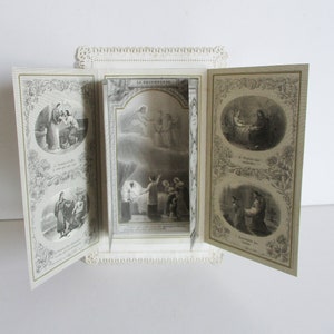 Antigo cartão religioso francês Canivet tríptico dos anos 1900, imagem de renda de papel, imagem vintage pieuse triptyque