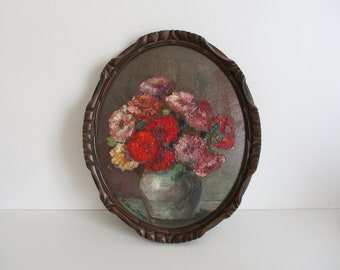 Peinture ancienne vintage à l'huile sur panneau avec cadre des années 1900, nature morte, bouquet de fleurs, France