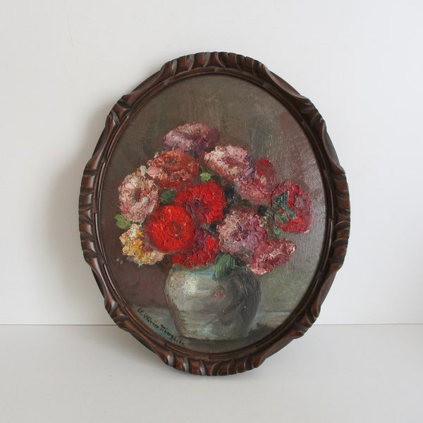 Antique Vintage french oil painting on panel with Frame 1900s, Still life Bouquet Flower  France