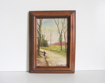 Antyczny francuski obraz olejny na desce z ramą, lata 20. XX w., sygnowany, Pejzaż z kobietą i drzewami, Tableau peinture paysage ancien France