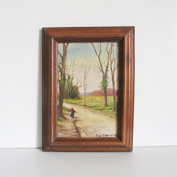 Antique French oil painting on panel with Frame 1920s, Signed, Lanscape Woman Trees, Tableau peinture paysage ancien France