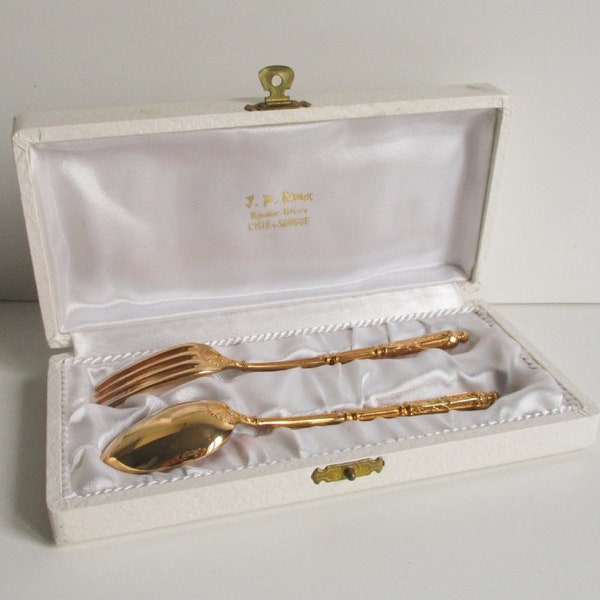 Vintage french gold-plated flatware birth set, 1950s, Mid century, Gift set Coffret cuillère fourchette plaqué or France