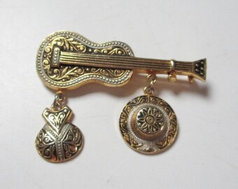 Vintage broszka w stylu Toledo 1960, biżuteria klejnotowa Bijou ancien Broche Guitare
