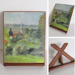 Antiek vintage Frans schilderij op kartonnen paneel met houten display, landschap uit de jaren 30, land Frankrijk