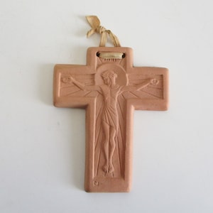 Vintage Terracotta Cross Jesus, 1950s, Folk Art, Religion Spirituality, France, Croix terre cuite Art Populaire miroir fer