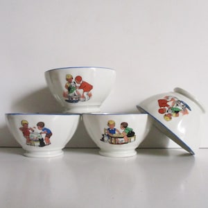 4 antique french LITTLE bowls 1940s Mid Century Vintage porcelain bowl, Bol ancien Café au lait France