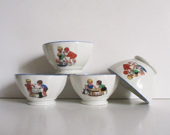 4 antique french LITTLE bowls 1940s Mid Century Vintage porcelain bowl, Bol ancien Café au lait France