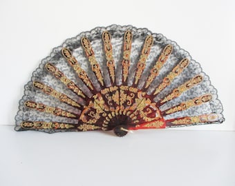Antiguo abanico grande de la década de 1950 Vintage encaje negro, Eventail dentelle noire