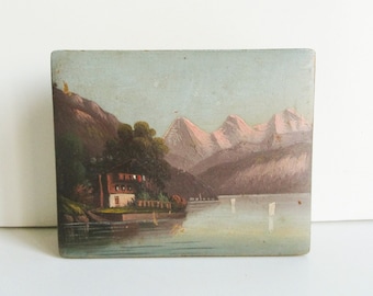 Antyczny francuski miniaturowy obraz olejny BOX, lata 20. XX wieku, Vintage Martwa natura Krajobraz, Peinture, Paysage nature morte Boite France