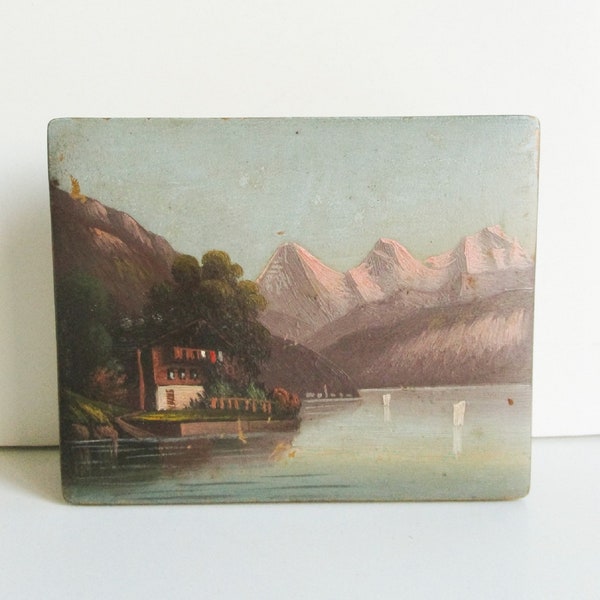 Antique french miniature oil painting BOX, 1920s, Vintage Still life Landscape, Peinture, Paysage nature morte Boite France