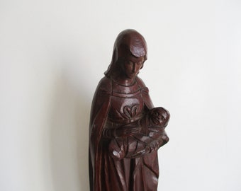 Vintage Madona Jungfru Maria trästaty 1950-talet, Folkkonst Handgjord Antik Reliquaire, Religion, Katolik, Vierge Marie