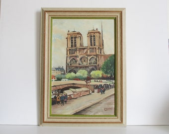 Pintura gouache francesa vintage sobre panel con marco, PARÍS Notre-Dame años 80, firmada por el artista, Peinture ancienne