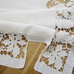 Antique french embroidered linen mantel scarf 1920s, Victorian lace for shelf, Vintage France Dessus de cheminée étagère
