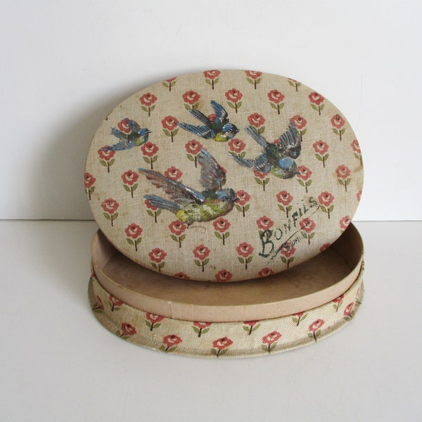 Vintage French sewing box, 1940s, Fabric covered jewelry stocking box, Boite couture bijoux tissu, France