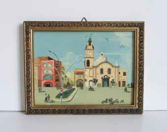 Vintage naive style painting on panel, Signed 1980s Street Peinture naif naive Tableau ancien
