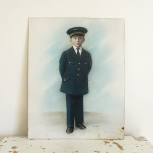 Fotografía-pintura francesa vintage sobre panel de cartón, década de 1940 y 1950, niño piloto, Francia
