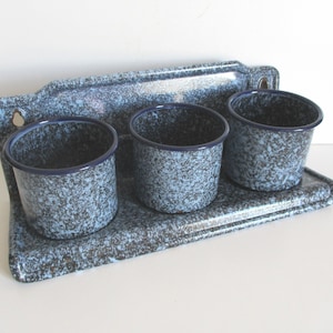 3 vintage french enamel pots, Antique Blue black pot, 1940s,Enamelware, Bathroom Kitchen decor