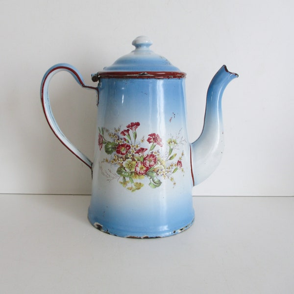 Antique french blue enamel coffee pot, 1930s, Enamelware, Vintage home decor, Rustic kitchen, Cafetiere émaillée bleue