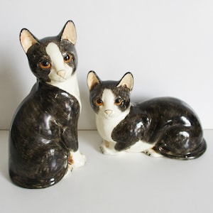2 antique french ceramic Cat figurine statue 1950s, Vintage Cat collectible, Statuette chat faience ancienne