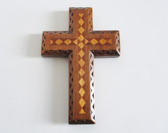 Vintage marquetry wooden Cross Jesus, 1950s, Folk Art wood, Religion Spirituality, France, Croix bois marquetterie Art Populaire