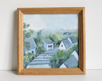 Obraz vintage na desce z ramą, lata 80. XX w., pejzaż, tableau peinture paysage