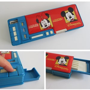 Astuccio portapenne vintage DISNEY Mickey Minnie multifunzione con pulsante meccanico, anni '90, scomparto per trousse