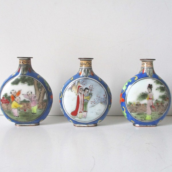 3 botella de snuffbox china antigua, esmalte de porcelana pintura hecha a mano caja de tabaco, Tabatière Flacon porcelana cloisonné, Vintage