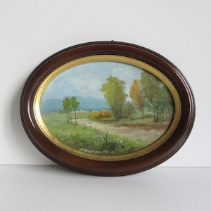 Antiek Frans olieverfschilderij op karton met lijst jaren 30, gesigneerd, vintage miniatuur landschapsbomen, tableau peinture paysage ancien ancien France
