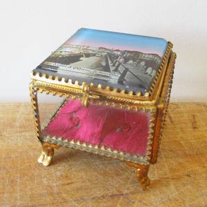 Antique french trinket glass box, 1920s, Vintage beveled jewelry box, France, Boite verre bijoux souvenir
