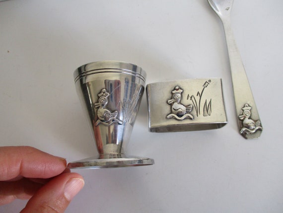 Vintage french silver-plated spoon, egg cup, napk… - image 2