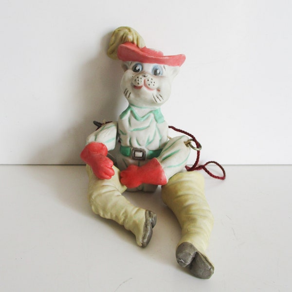 Vintage bisque Puss in Boots marionette, 1950s, White porcelain cat puppet jointed figurine, Le Chat Botté Poupée porcelaine articulée