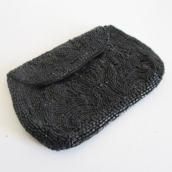 Antique french black beads purse, 1930s, Vintage evening pearls bag, Clutch, Handbag, Sac soirée noir,