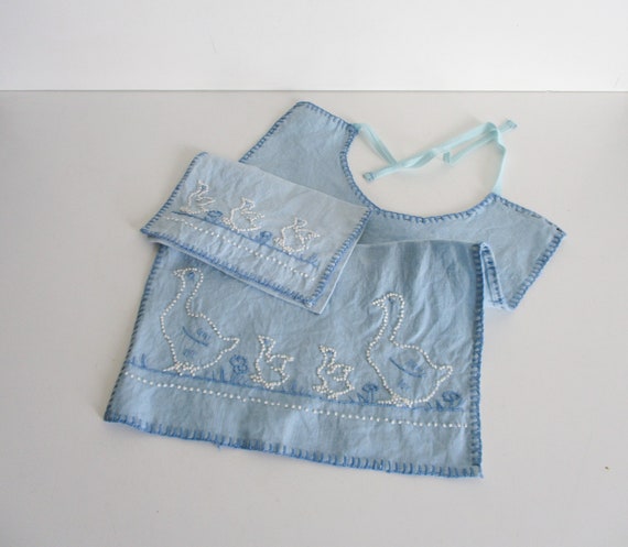 Vintage french blue baby bib and pocket 1950s, Em… - image 1