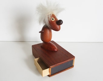 Vintage wooden teak Figurine Matchbox 1950s, Hans Bolling style Danish Scandinavian, Mid Century Pyrogéne Allumettes