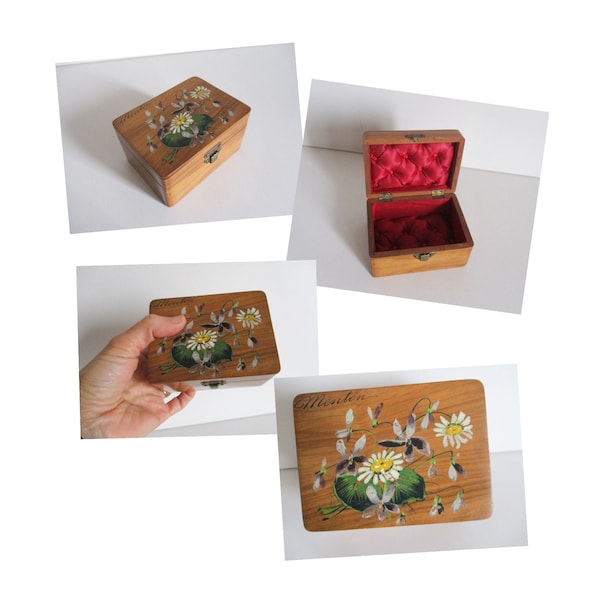 Antique vintage French wooden box, 1930s Menton France, Olive wood, Red silk Hand painted, Flowers, Boite bois olivier capitonnée, Fleurs