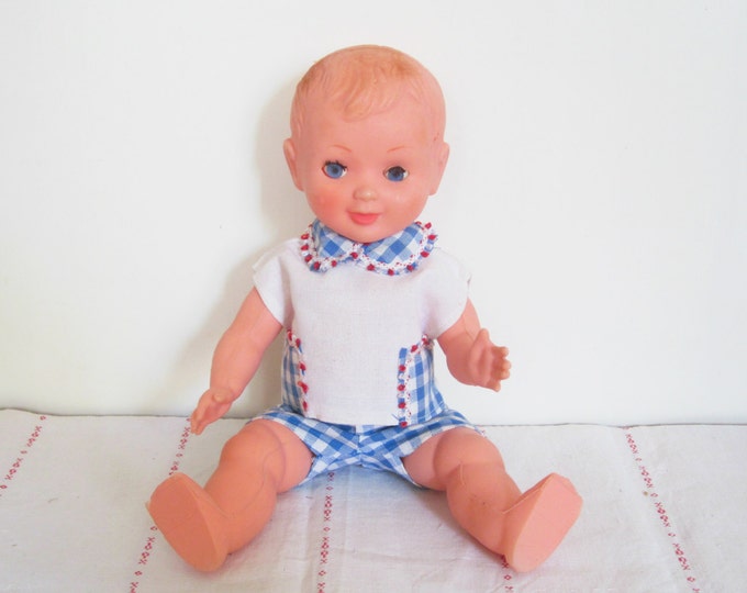 Vintage French Baby Doll, Plastic Toy, Little Boy, 1960, Poupée