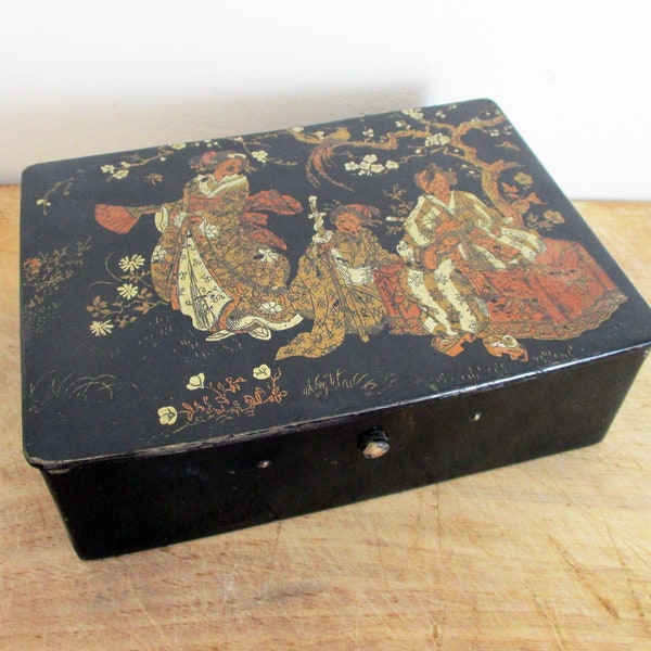 Antique french paper mache box, Napoleon III 1800s, Vintage Lacquered boiled cardboard, France, Boite carton bouilli