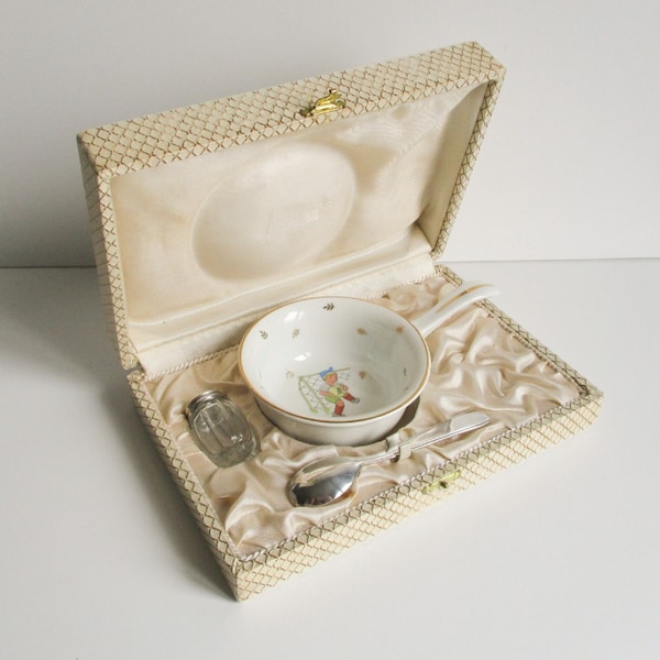 Vintage french silver-plated spoon porcelain bowl cup birth set, 1950s, Mid century, Gift set Coffret France