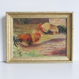 Antique French oil painting on panel with Frame, Signed 1930s, Animal hen rooster Farm, Vintage poule coq, Peinture basse cour